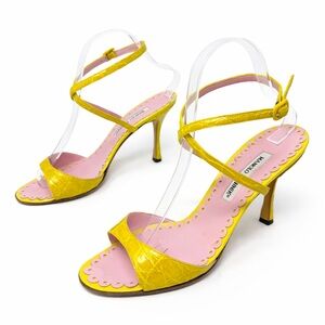 Manolo Blahnik Yellow Croc Embossed Strappy Sandals Pink Trim Womens Size EU 40